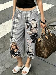 Rovax Women's Striped Patchwork Plaid Cartoon Print Shorts