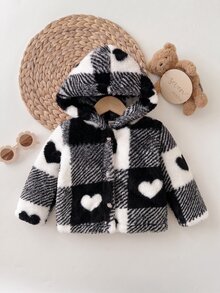 Baby Girls Plaid Heart Pattern Hooded Jacket, For Christmas Autumn Fall - Black and White - View 8