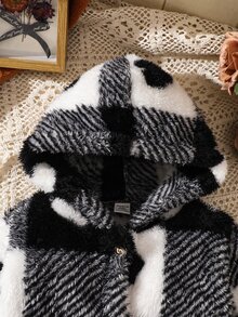 Baby Girls Plaid Heart Pattern Hooded Jacket, For Christmas Autumn Fall - Black and White - View 4