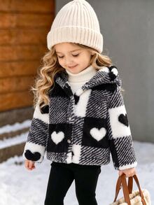 Baby Girls Plaid Heart Pattern Hooded Jacket, For Christmas Autumn Fall - Black and White - View 1