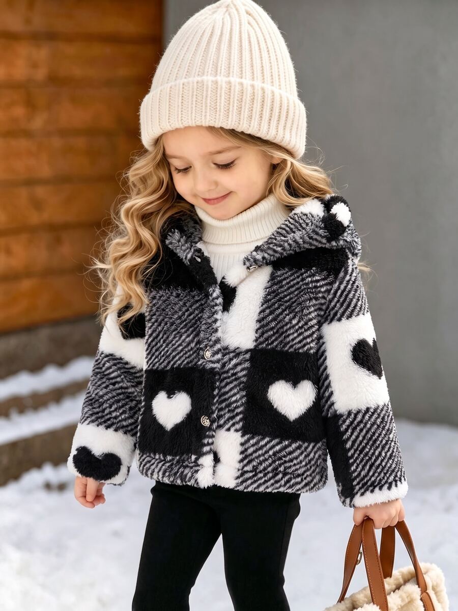 Baby Girls Plaid Heart Pattern Hooded Jacket, For Christmas Autumn Fall - Black and White - View 1