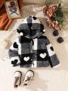 Baby Girls Plaid Heart Pattern Hooded Jacket, For Christmas Autumn Fall - Black and White - View 3