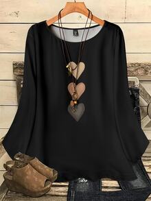 SHEIN VCAY Plus Heart Print Round Neck Blouse - Multicolor - View 2