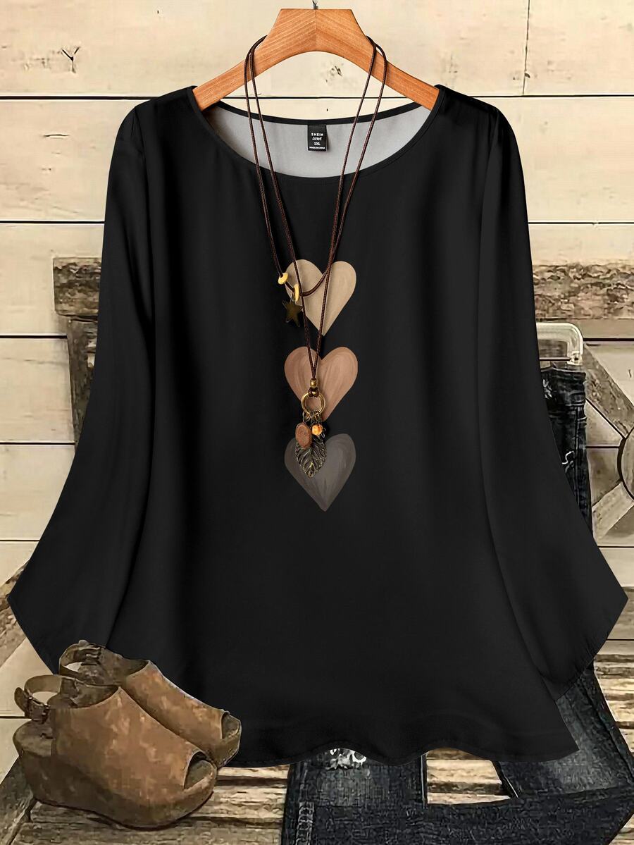 SHEIN VCAY Plus Heart Print Round Neck Blouse
