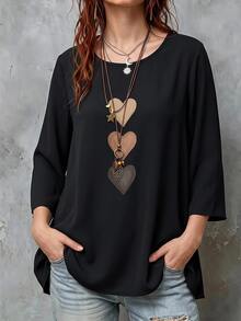 SHEIN VCAY Plus Heart Print Round Neck Blouse - Multicolor - View 3