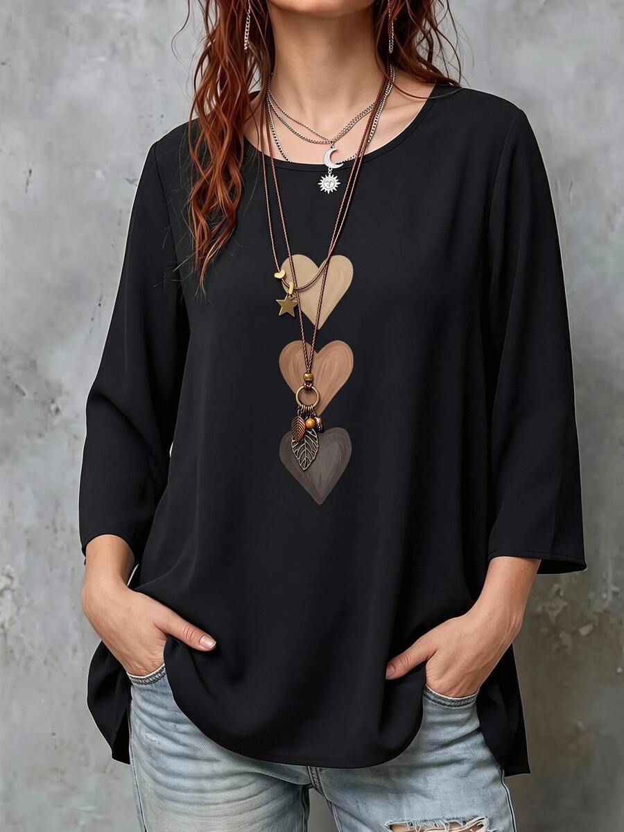 SHEIN VCAY Plus Heart Print Round Neck Blouse