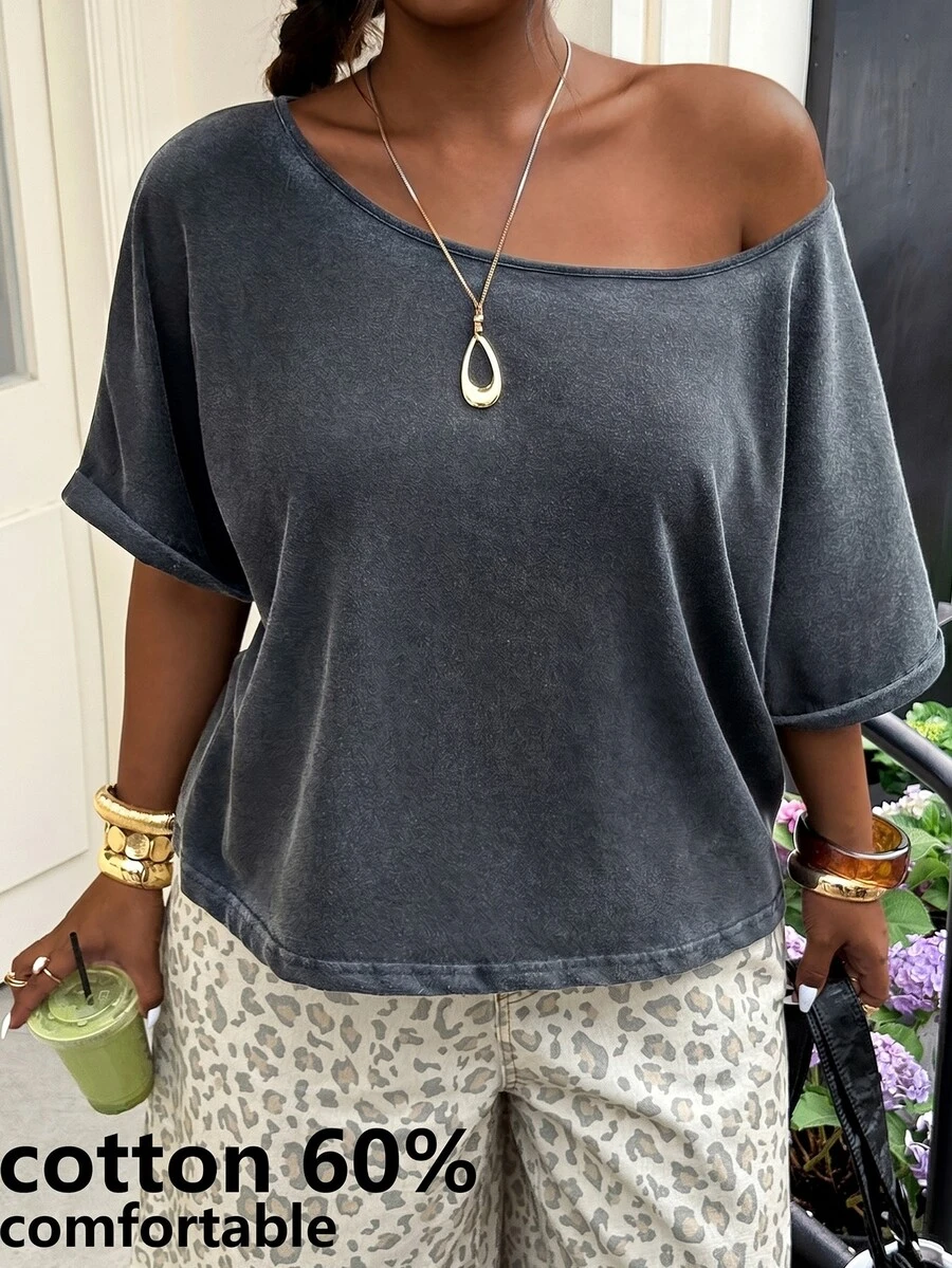 Muchica Plus Size T-Shirts For Women, Gray Summer Smart Casual Soft Form Elegant Everyday Tee, Breathable Lightweight, Chic Y2k Style For Daily Commute Formal - Dark Grey - View 1