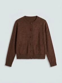 Lumivelle Minimal Solid Knit Cardigan With Front Buttons & Patch Pockets - Brown - View 7