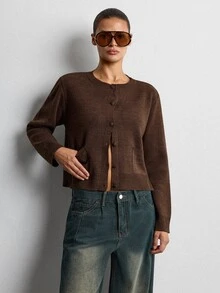 Lumivelle Minimal Solid Knit Cardigan With Front Buttons & Patch Pockets - Brown - View 5