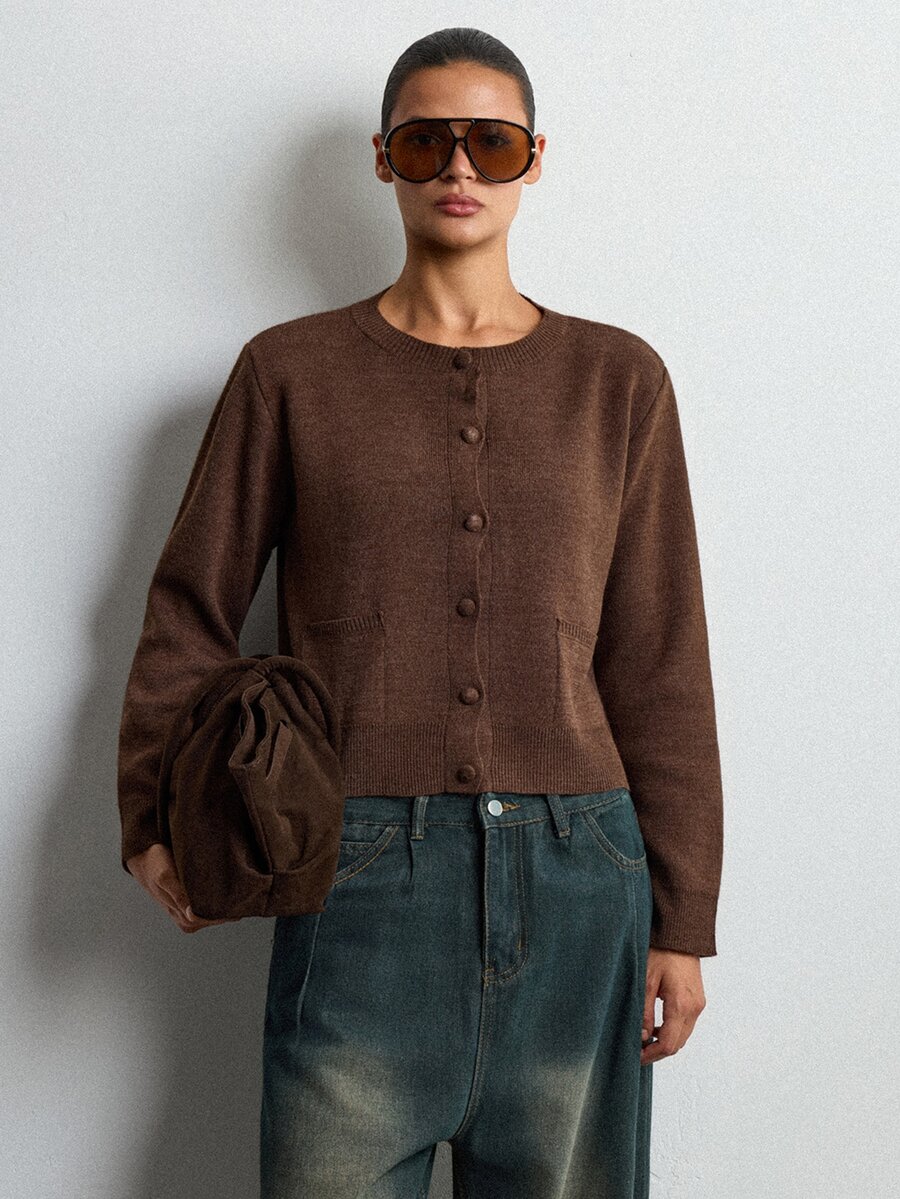 Lumivelle Minimal Solid Knit Cardigan With Front Buttons & Patch Pockets - Brown - View 1