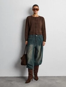 Lumivelle Minimal Solid Knit Cardigan With Front Buttons & Patch Pockets - Brown - View 6