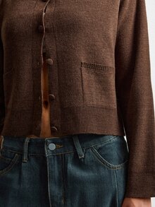 Lumivelle Minimal Solid Knit Cardigan With Front Buttons & Patch Pockets - Brown - View 4