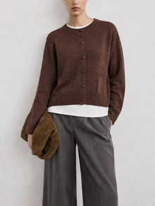 Lumivelle Minimal Solid Knit Cardigan With Front Buttons & Patch Pockets - Brown - View 2