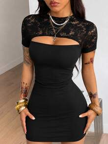 Coolane Women's Fall Party Going Out Elegant Lace Black Backless High Neck Notched Stretchy Comfortable Black Mini Dress - Black - View 4