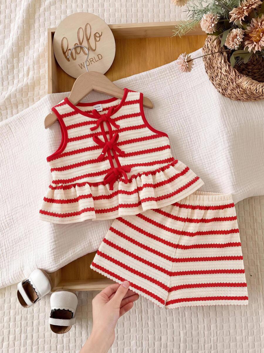 Baby Girl Knitted Striped Round Neck Tank Top And Shorts 2 Pieces Set - Red and White - View 1