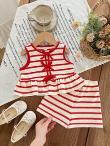 Baby Girl Knitted Striped Round Neck Tank Top And Shorts 2 Pieces Set - Red and White - View 3