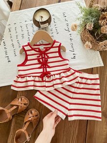 Baby Girl Knitted Striped Round Neck Tank Top And Shorts 2 Pieces Set - Red and White - View 4