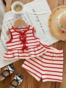 Baby Girl Knitted Striped Round Neck Tank Top And Shorts 2 Pieces Set - Red and White - View 5