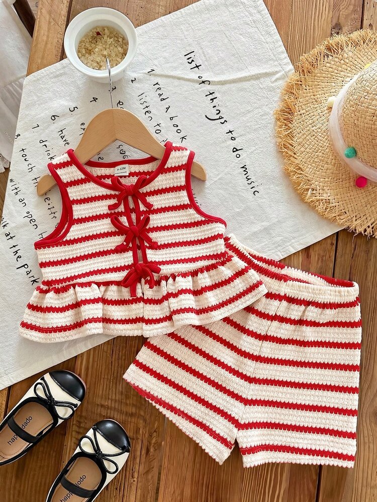 Baby Girl Knitted Striped Round Neck Tank Top And Shorts 2 Pieces Set - Red and White - View 5