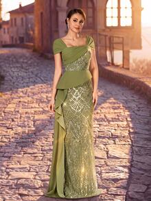 Serin Elegant Luxurious Olive Green Sequin Patchwork Knit 2 In 1 Short Sleeve Ruffle Bodycon Dress With Side Slit, Suitable For Mother Of The Bride, Wedding Guest, Bridesmaid, Party, Ball, Holiday, Evening Gala And Other Summer Occasions - Olive Green - View 2