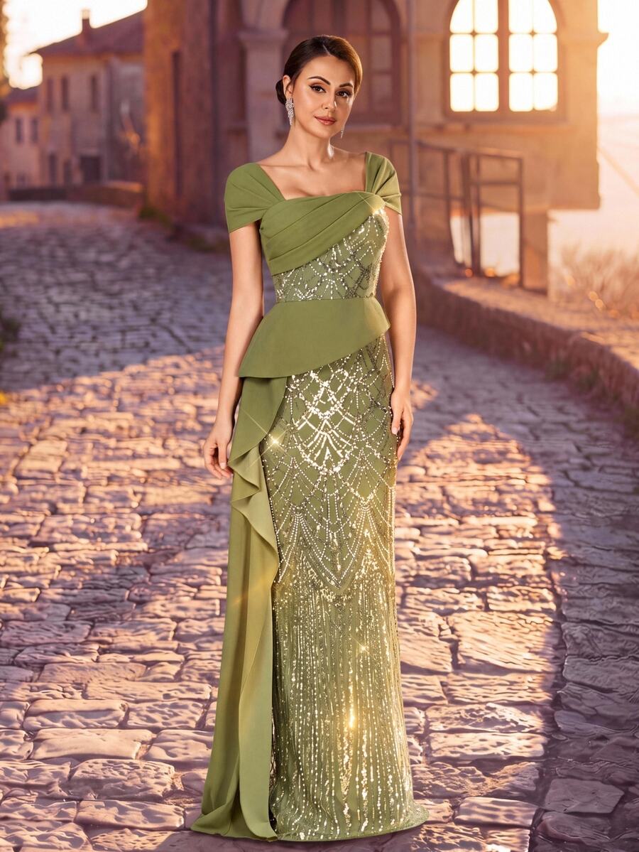 Serin Elegant Luxurious Olive Green Sequin Patchwork Knit 2 In 1 Short Sleeve Ruffle Bodycon Dress With Side Slit, Suitable For Mother Of The Bride, Wedding Guest, Bridesmaid, Party, Ball, Holiday, Evening Gala And Other Summer Occasions