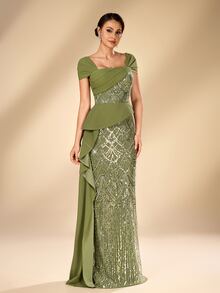Serin Elegant Luxurious Olive Green Sequin Patchwork Knit 2 In 1 Short Sleeve Ruffle Bodycon Dress With Side Slit, Suitable For Mother Of The Bride, Wedding Guest, Bridesmaid, Party, Ball, Holiday, Evening Gala And Other Summer Occasions - Olive Green - View 8