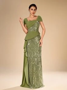 Serin Elegant Luxurious Olive Green Sequin Patchwork Knit 2 In 1 Short Sleeve Ruffle Bodycon Dress With Side Slit, Suitable For Mother Of The Bride, Wedding Guest, Bridesmaid, Party, Ball, Holiday, Evening Gala And Other Summer Occasions - Olive Green - View 4