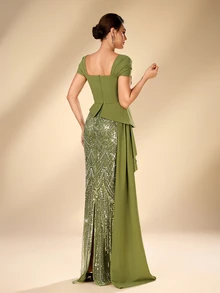Serin Elegant Luxurious Olive Green Sequin Patchwork Knit 2 In 1 Short Sleeve Ruffle Bodycon Dress With Side Slit, Suitable For Mother Of The Bride, Wedding Guest, Bridesmaid, Party, Ball, Holiday, Evening Gala And Other Summer Occasions - Olive Green - View 5