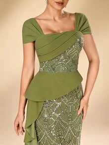 Serin Elegant Luxurious Olive Green Sequin Patchwork Knit 2 In 1 Short Sleeve Ruffle Bodycon Dress With Side Slit, Suitable For Mother Of The Bride, Wedding Guest, Bridesmaid, Party, Ball, Holiday, Evening Gala And Other Summer Occasions - Olive Green - View 6