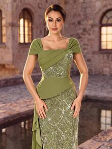 Serin Elegant Luxurious Olive Green Sequin Patchwork Knit 2 In 1 Short Sleeve Ruffle Bodycon Dress With Side Slit, Suitable For Mother Of The Bride, Wedding Guest, Bridesmaid, Party, Ball, Holiday, Evening Gala And Other Summer Occasions - Olive Green - View 7
