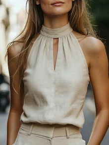 SHEIN Holidaya Women's New Stand Collar Sleeveless Casual Versatile Top - Beige - View 1