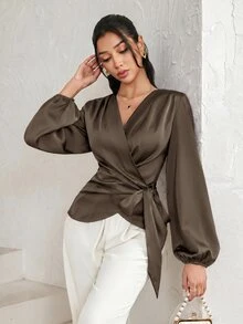 Modelyn 女款純色側腰打結長袖優雅襯衫 - 咖啡棕 - 查看 5