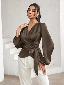 Modelyn 女款純色側腰打結長袖優雅襯衫 - 咖啡棕 - 查看 4