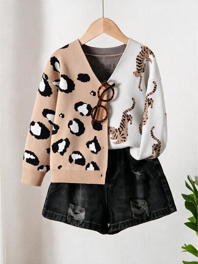 Girls' Autumn/Winter Fashion Cute Leopard Print Jacquard Knit Cardigan Sweater Long Sleeve
