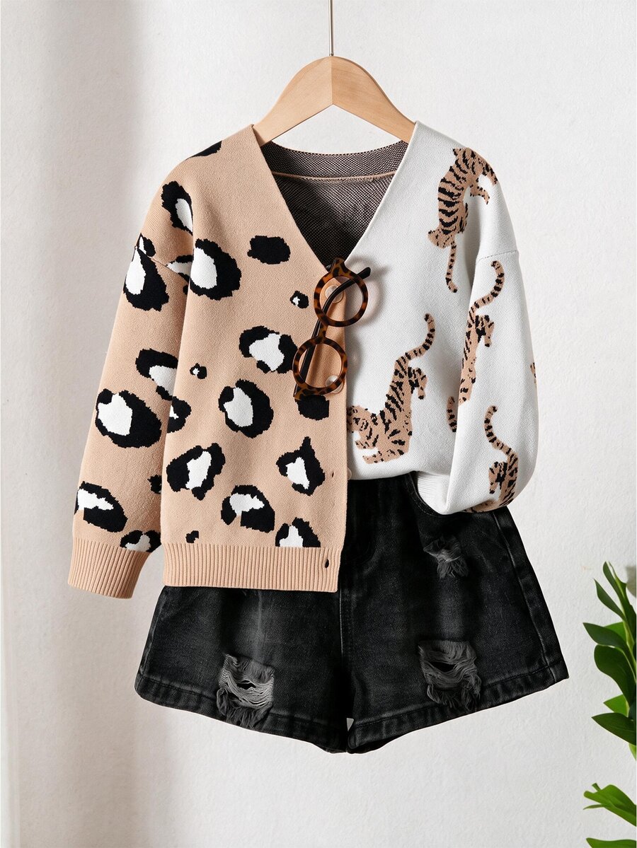 Girls' Autumn/Winter Fashion Cute Leopard Print Jacquard Knit Cardigan Sweater Long Sleeve - Multicolor - View 1