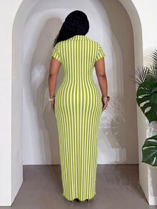Slaydiva Plus Size Summer Casual Striped Fitted Dress - Green - View 2