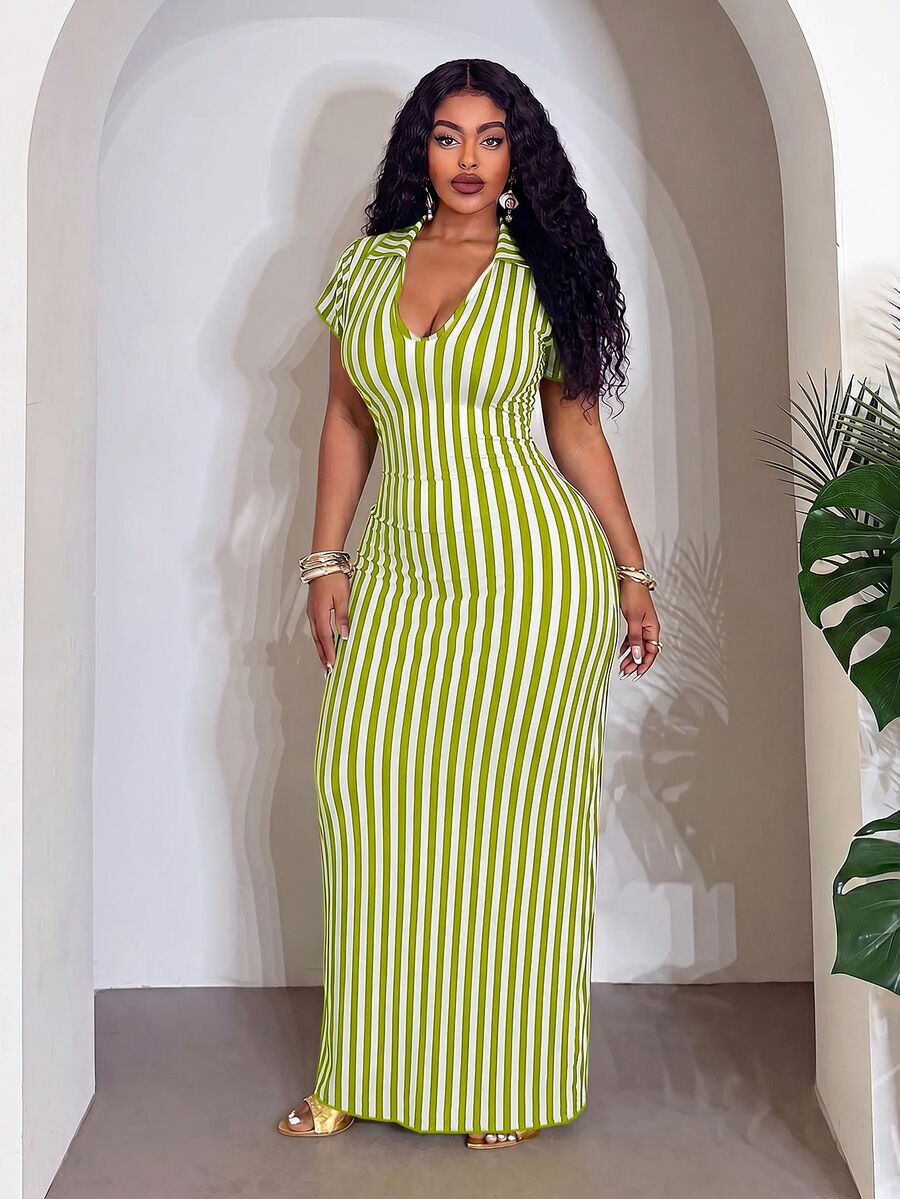 Slaydiva Plus Size Summer Casual Striped Fitted Dress - Green - View 1