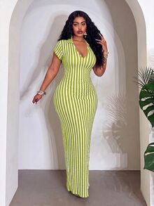 Slaydiva Plus Size Summer Casual Striped Fitted Dress - Green - View 5