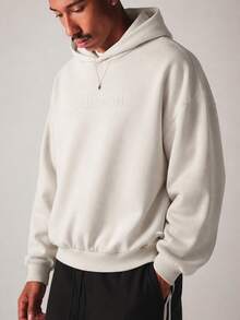 SUMWON Oversized Pullover Hoodie With Tone On Tone Embossed Logo Chest Print And Large Hood For Autumn Winter - Khaki - View 3