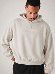 SUMWON Oversized Pullover Hoodie With Tone On Tone Embossed Logo Chest Print And Large Hood For Autumn Winter - Khaki - View 5
