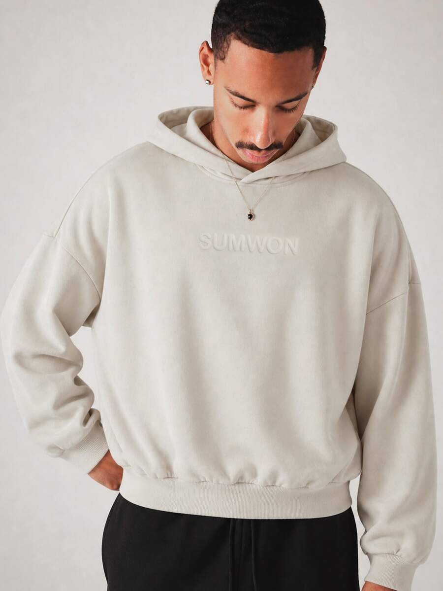SUMWON Oversized Pullover Hoodie With Tone On Tone Embossed Logo Chest Print And Large Hood For Autumn Winter - Khaki - View 1