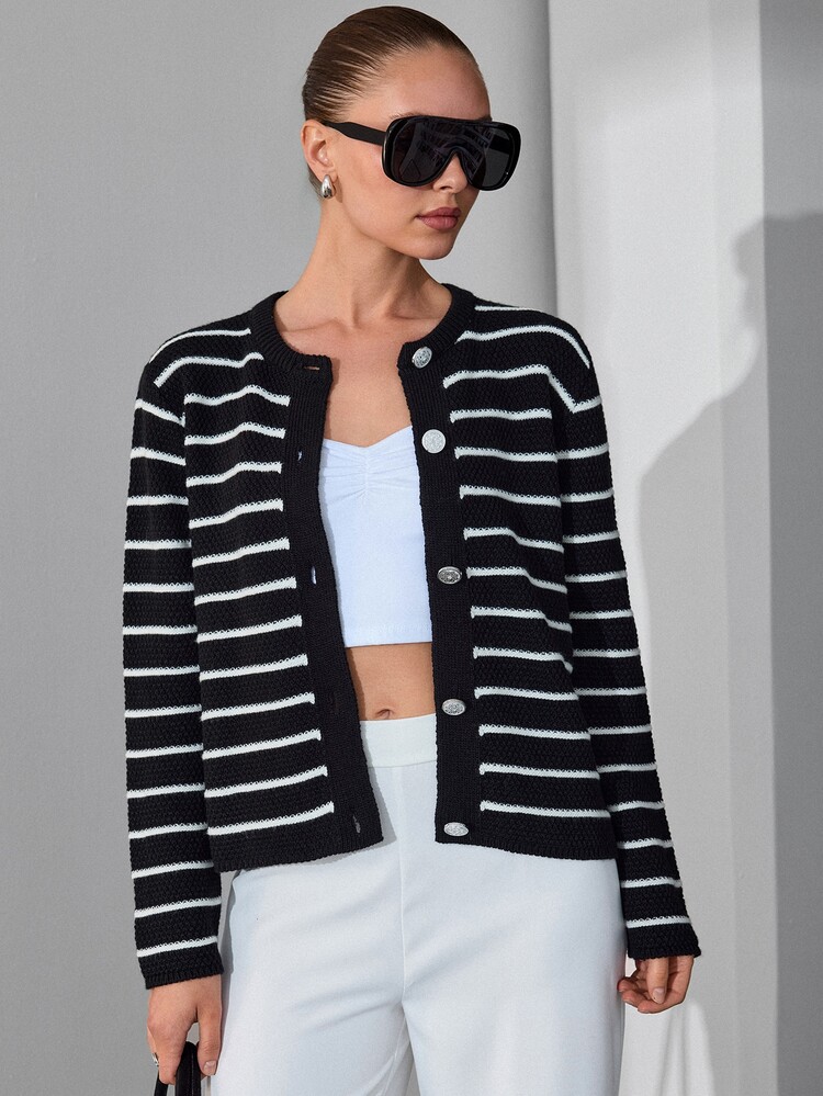Lumivelle Women's Contrast Stripe Button-Up Knit Cardigan Crew Neck Long Sleeve Sweater Office Black And White Striped Autumn Frenchy Elegant - Black and White - View 8