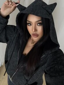 POPSWAY 時尚深色豹紋抓絨連帽修身運動外套 - 黑色 - 查看 1