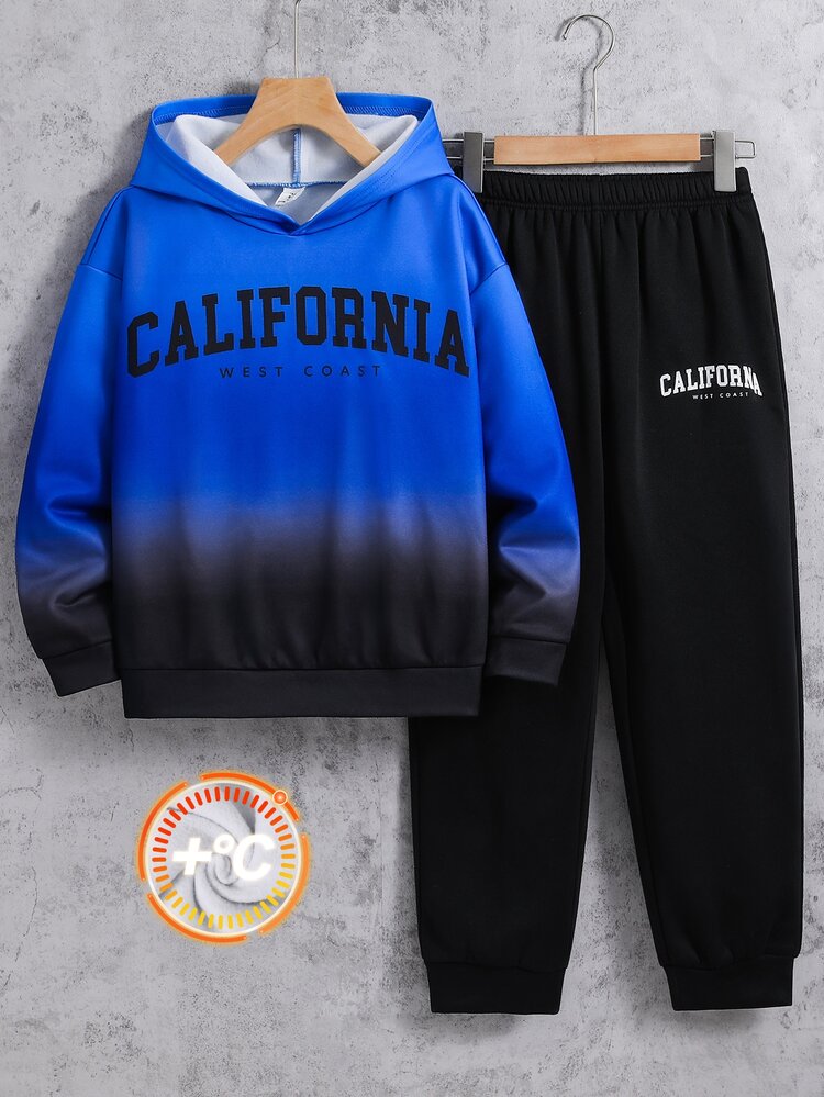 SHEIN 2pcs Kids Tween Boy Casual Daily Versatile Comfortable Letter Gradient Print Pattern Hooded Loose Pullover Long Sleeve Sweatshirt And Loose Jogger Pants Knit Sweatshirt Set, Suitable For Commuting, School, Daily Casual Outings, Sports, Autumn/Winter - Blue - View 2