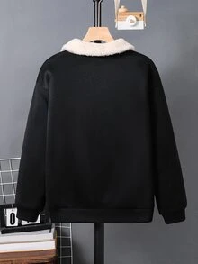 SHEIN 兒童青少年男孩休閒運動寬鬆韓風羊羔絨領撞色運動衫，適合通勤、上學、日常休閒穿著、外出、運動，秋冬款 - 黑色 - 查看 6