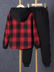 SHEIN Vacaura Conjunto de 2 piezas para niños preadolescentes: sobrecamisa con capucha a cuadros rojos y pantalones de chándal, camisa a cuadros de manga larga con bloques de color y joggers - Multicolor - Ver 2