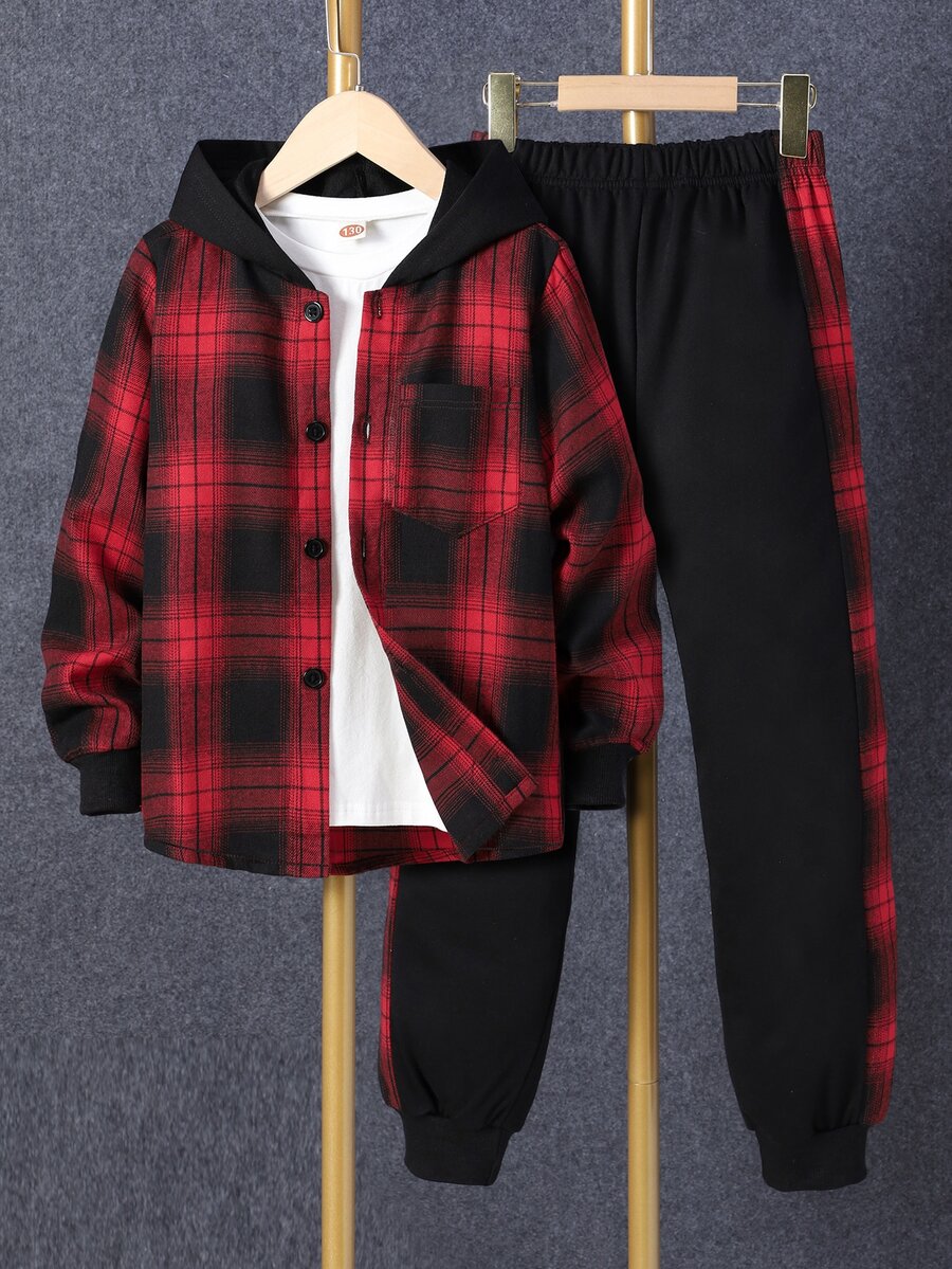 SHEIN Vacaura Conjunto de 2 piezas para niños preadolescentes: sobrecamisa con capucha a cuadros rojos y pantalones de chándal, camisa a cuadros de manga larga con bloques de color y joggers - Multicolor - Ver 1