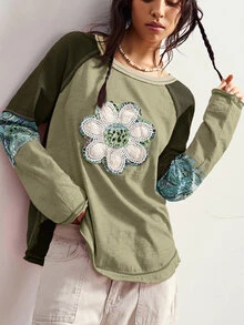 Bohemela Autumn/Winter BOHO Vacation Casual Patchwork Long Sleeve Loose Washed Women Graphic T-Shirt - Green - View 5