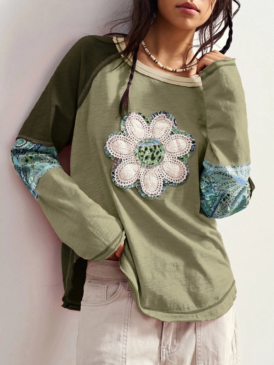 Bohemela Autumn/Winter BOHO Vacation Casual Patchwork Long Sleeve Loose Washed Women Graphic T-Shirt - Green - View 1