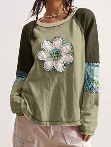 Bohemela Autumn/Winter BOHO Vacation Casual Patchwork Long Sleeve Loose Washed Women Graphic T-Shirt - Green - View 3